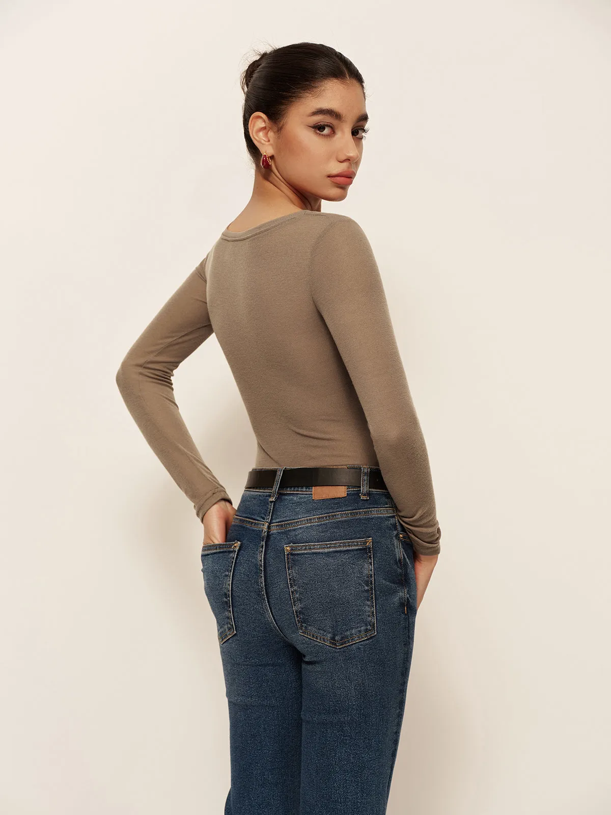 Semi-Sheer Long Sleeve Pleated Slim Panel T-Shirt sold by COMMENSE product image thumbnail 5