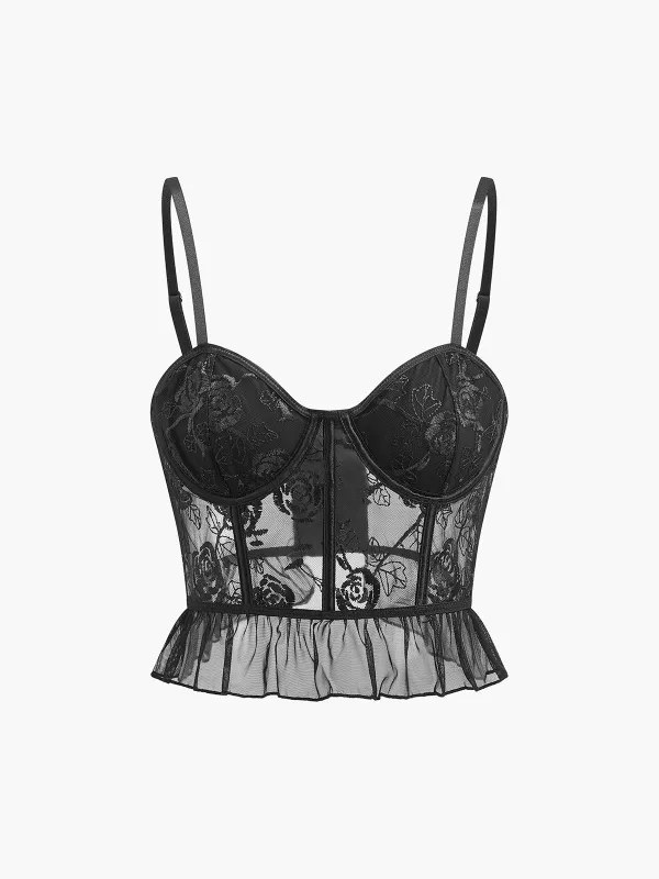 Sheer Embroidered Floral Ruffle Lace Corset sold by COMMENSE