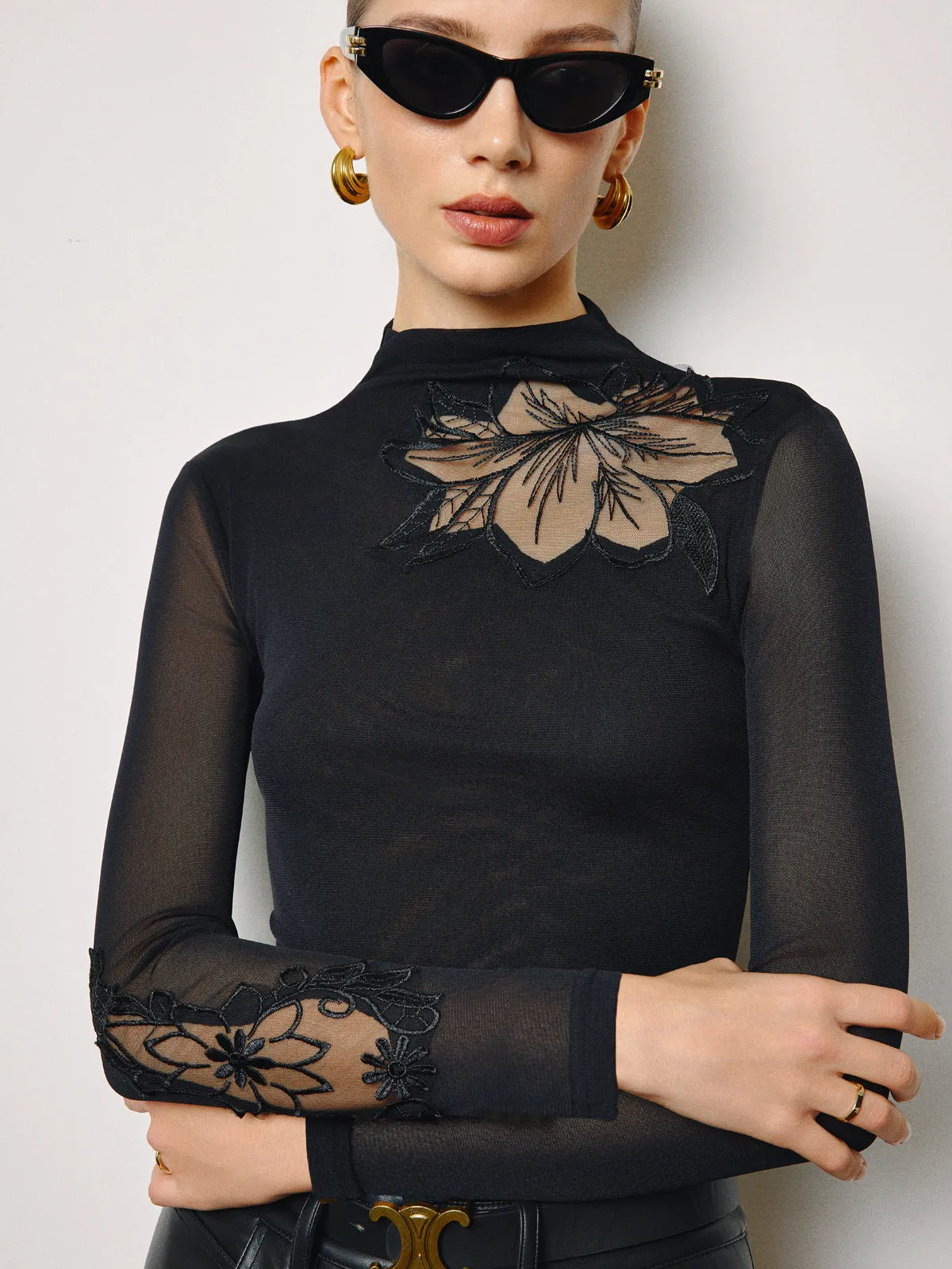 Semi-Sheer Mesh-Floral Slim Jersey Top sold by COMMENSE product image thumbnail 5