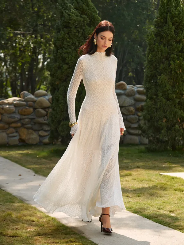 Semi-Sheer Mock Neck Lace Flowy Long Dress sold by COMMENSE