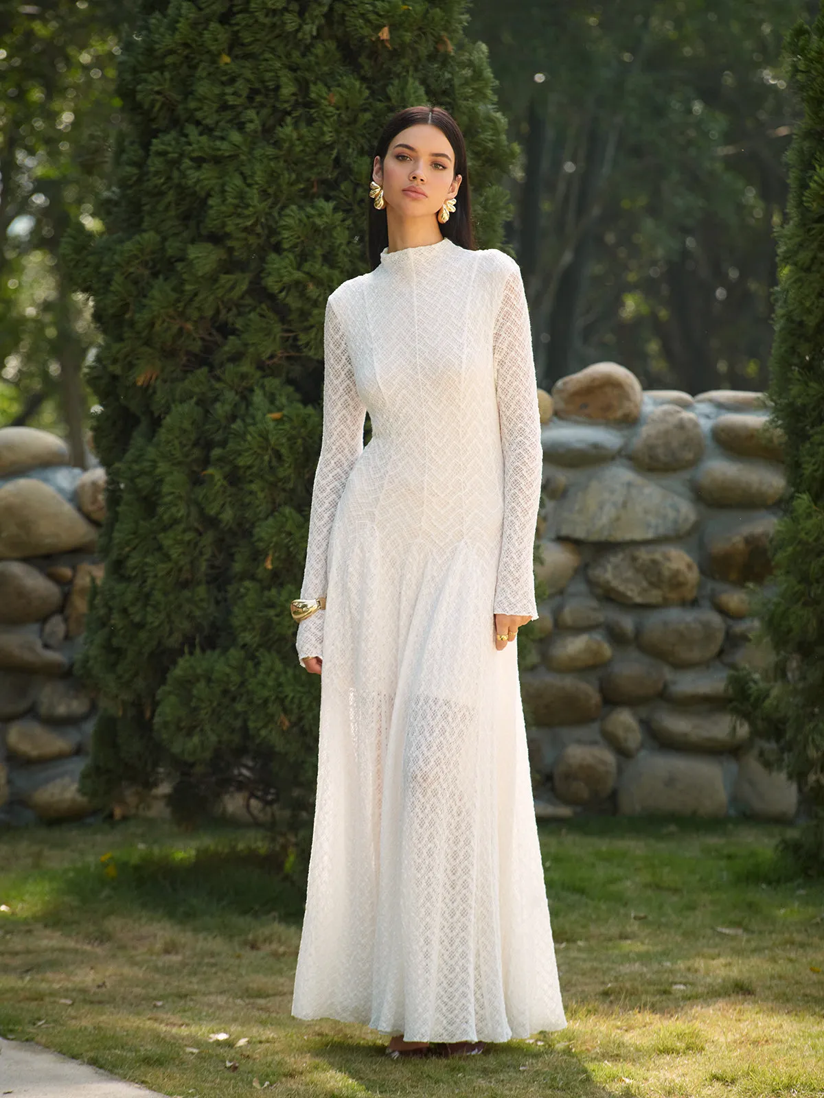 Semi-Sheer Mock Neck Lace Flowy Long Dress sold by COMMENSE product image thumbnail 4
