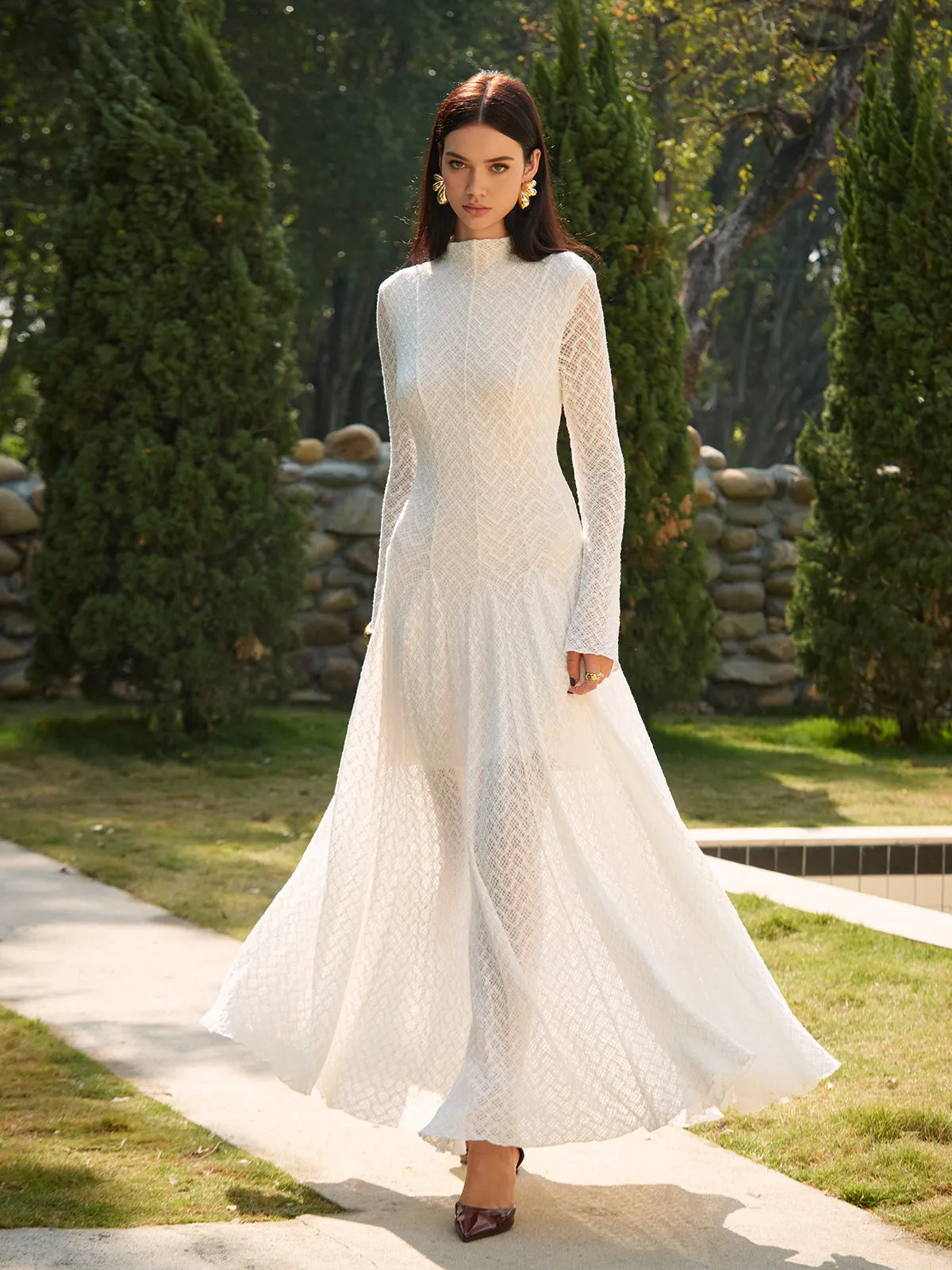 Semi-Sheer Mock Neck Lace Flowy Long Dress sold by COMMENSE product image thumbnail 3