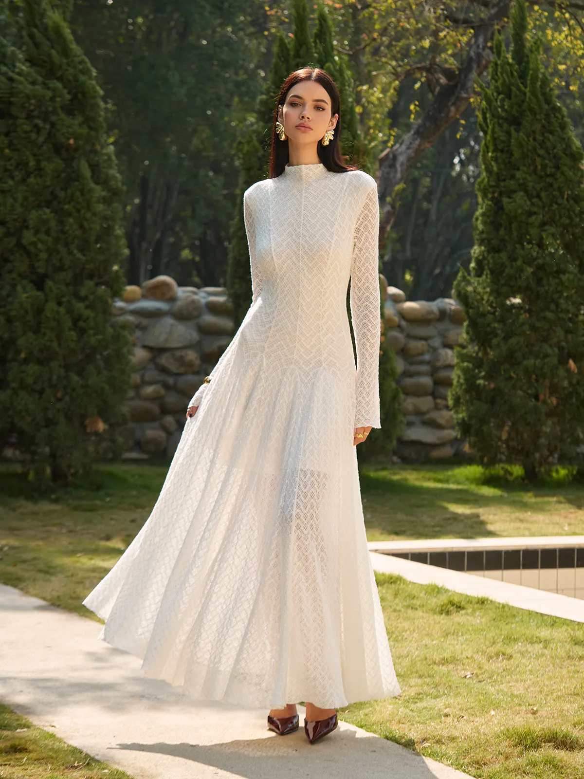 Semi-Sheer Mock Neck Lace Flowy Long Dress sold by COMMENSE product image thumbnail 2