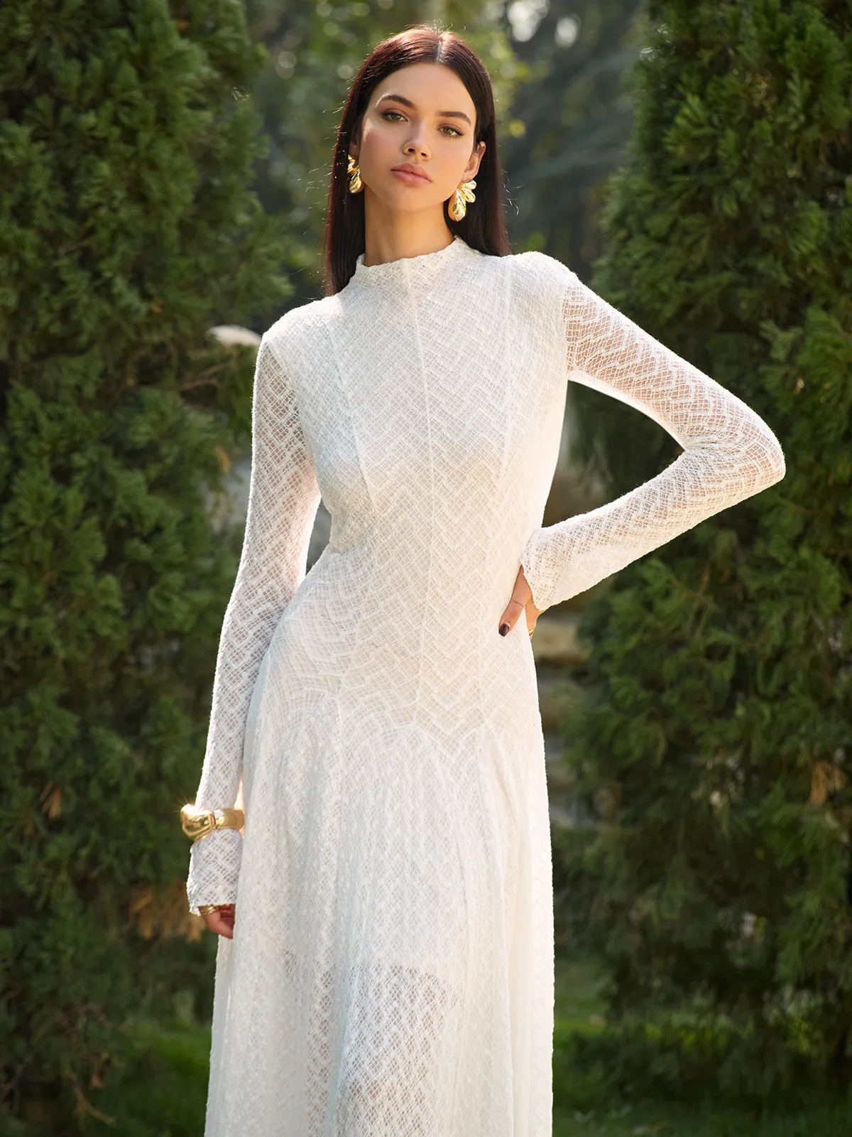 Semi-Sheer Mock Neck Lace Flowy Long Dress sold by COMMENSE product image thumbnail 5