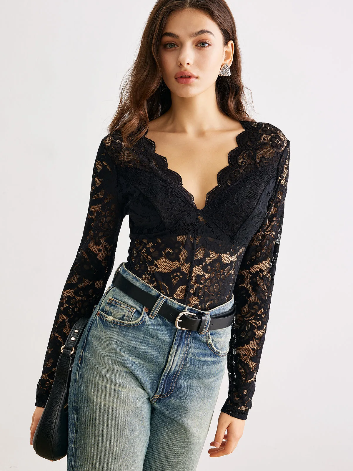 Wave Trim Sheer Lace Panel Bodysuit sold by COMMENSE product image thumbnail 3