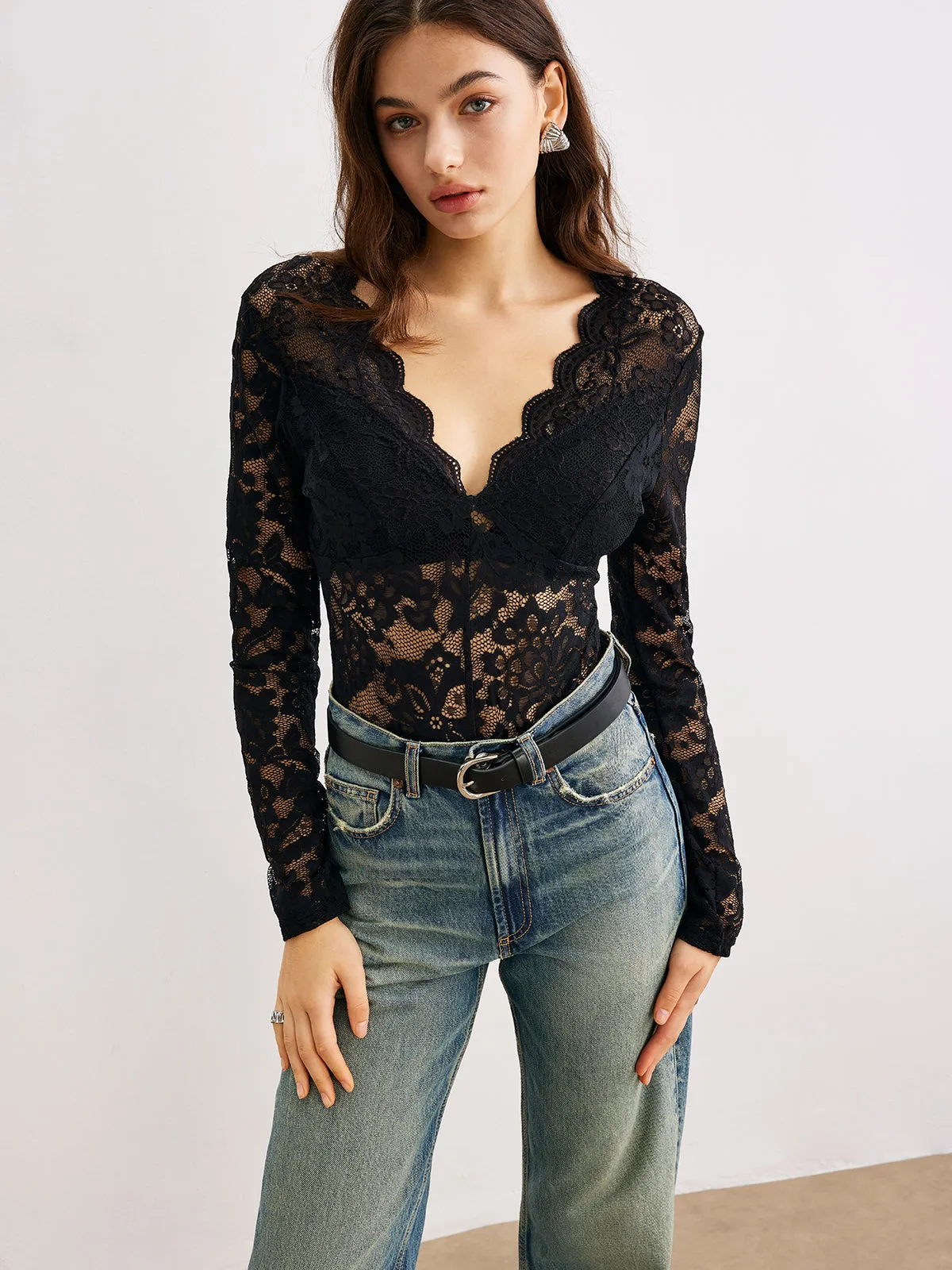 Wave Trim Sheer Lace Panel Bodysuit sold by COMMENSE