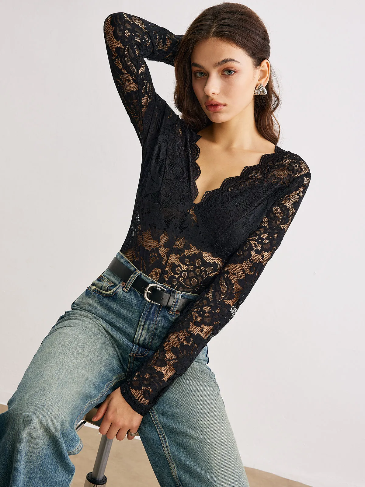 Wave Trim Sheer Lace Panel Bodysuit sold by COMMENSE product image thumbnail 5