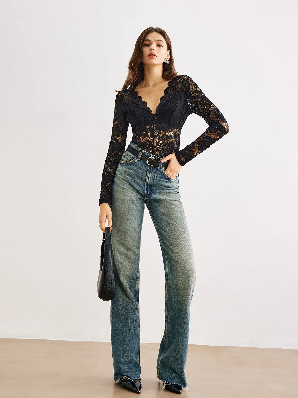 Wave Trim Sheer Lace Panel Bodysuit sold by COMMENSE product image thumbnail 2