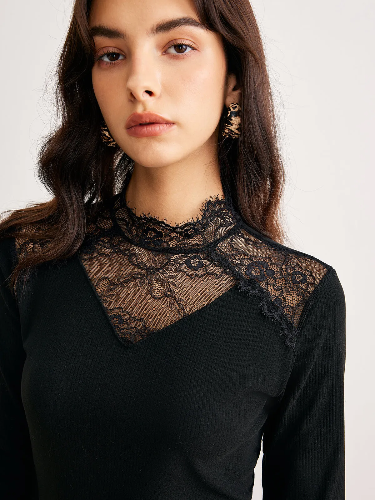 Sheer Lace Detail Slim Knit Top sold by COMMENSE product image thumbnail 2