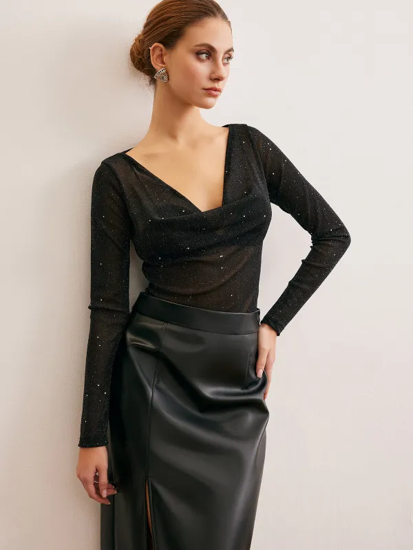 Semi-Sheer Cowl Neck Sequins Thin Blouse sold by COMMENSE