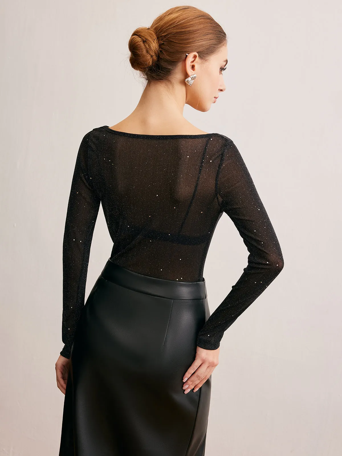 Semi-Sheer Cowl Neck Sequins Thin Blouse sold by COMMENSE product image thumbnail 3