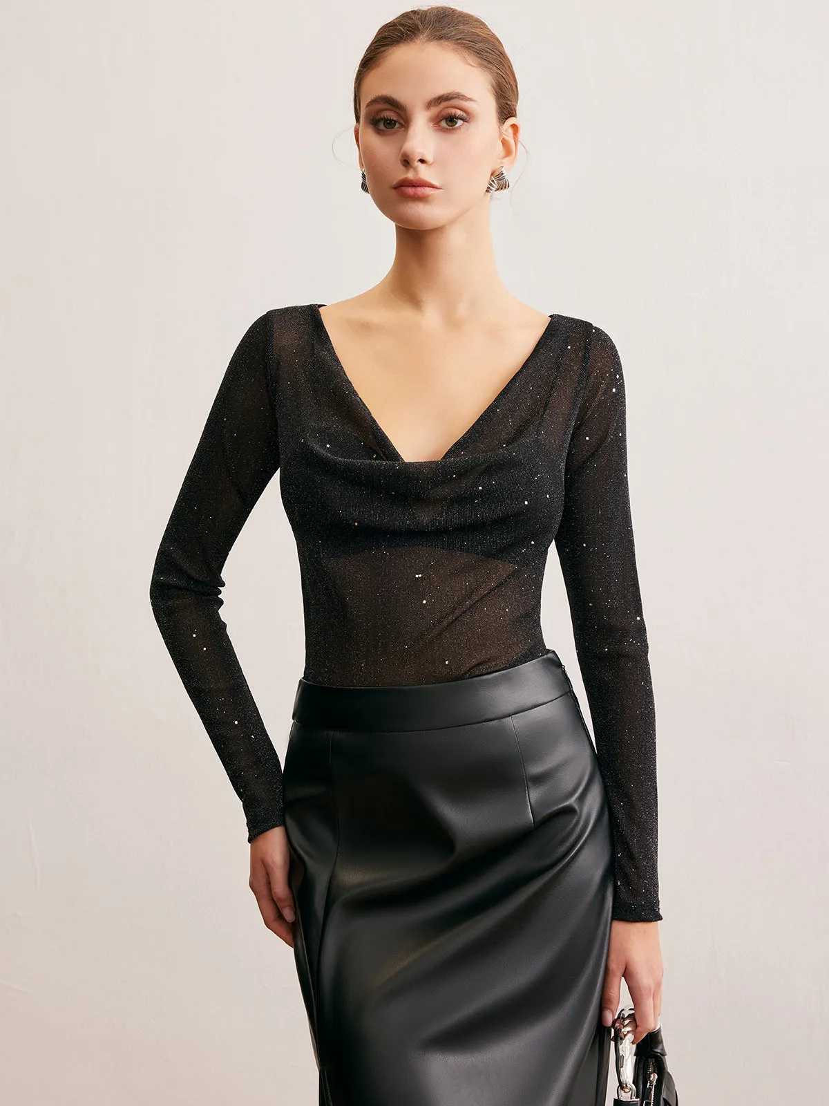 Semi-Sheer Cowl Neck Sequins Thin Blouse sold by COMMENSE product image thumbnail 5