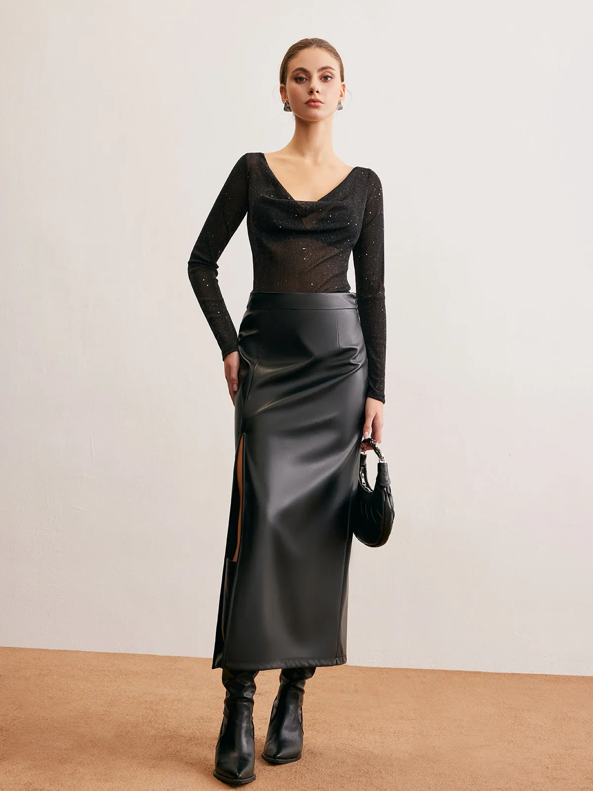 Semi-Sheer Cowl Neck Sequins Thin Blouse sold by COMMENSE product image thumbnail 2