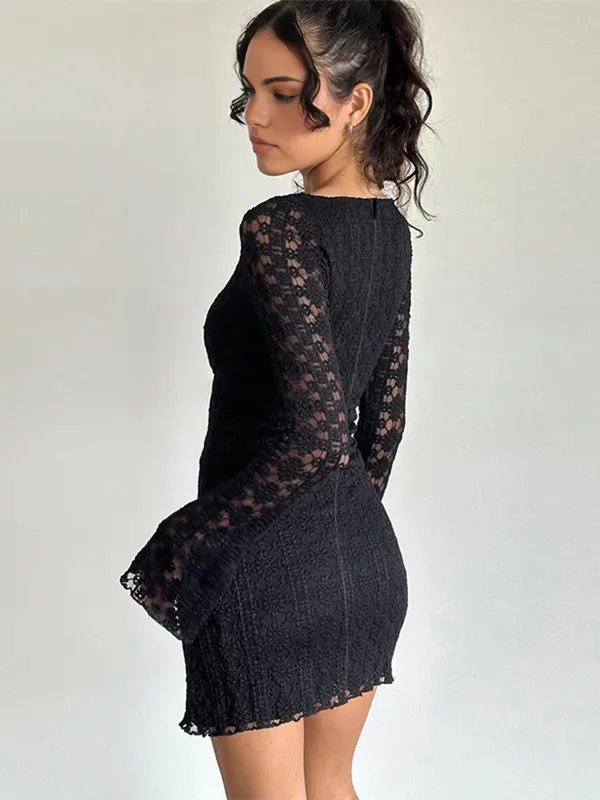 Semi-Sheer Textured Lace Short Dress sold by COMMENSE