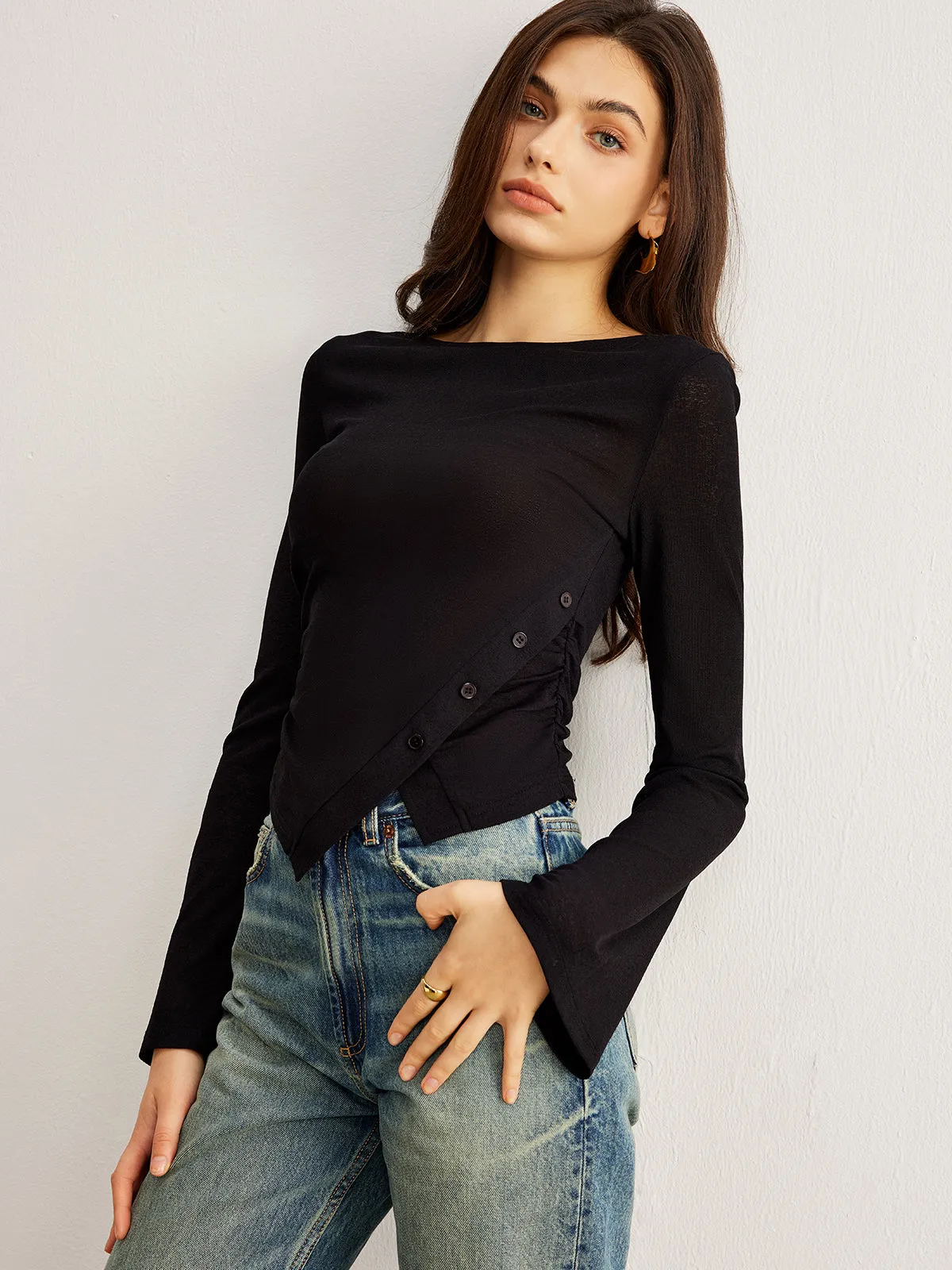 Semi-Sheer Bell Sleeve Side Button Jersey Top sold by COMMENSE