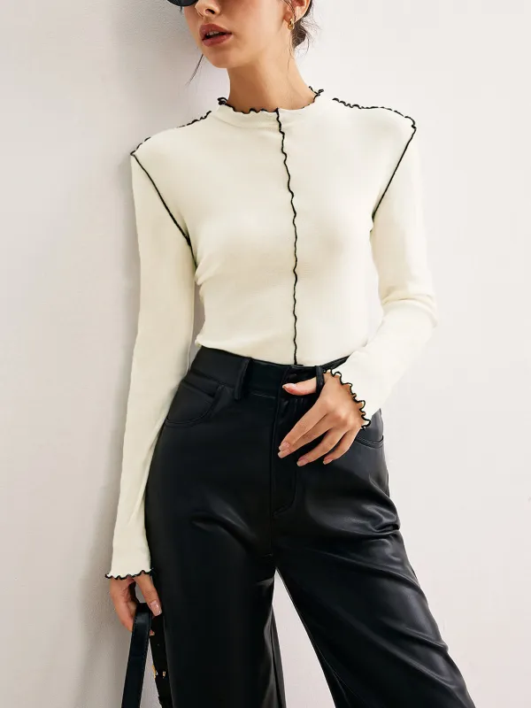 Semi-Sheer Contrast Lettuce Trim T-Shirt sold by COMMENSE