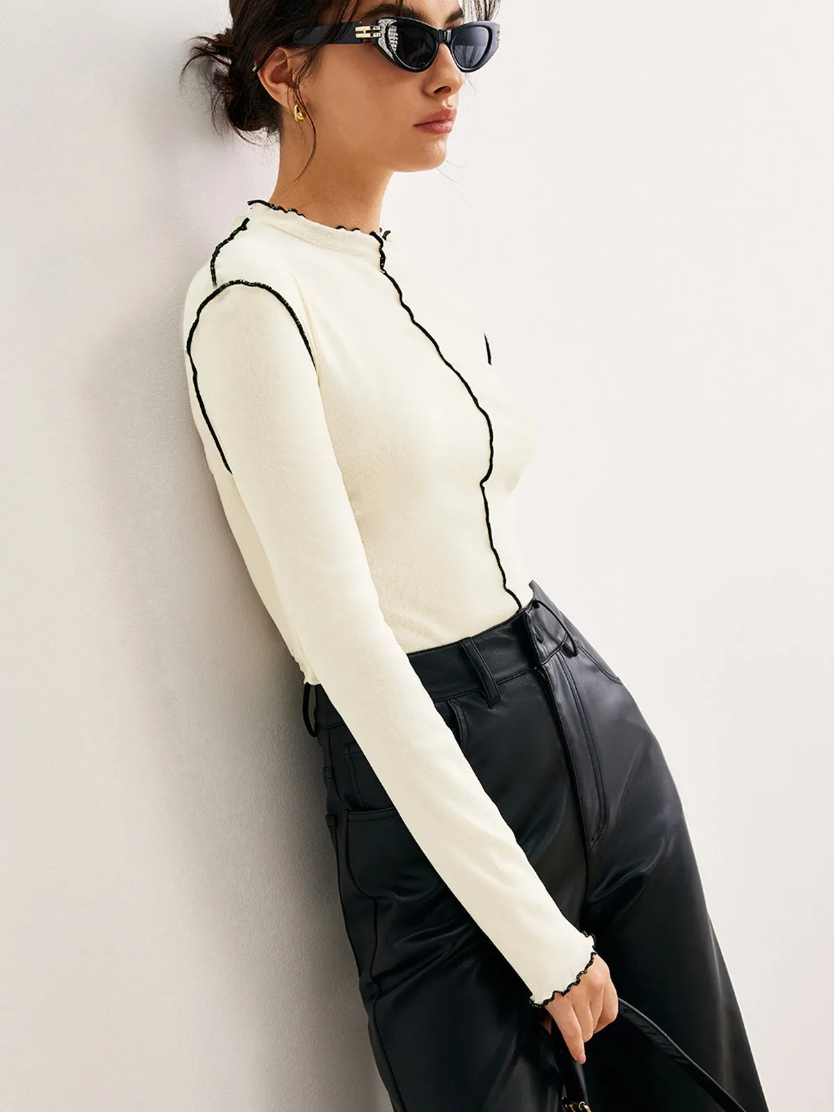 Semi-Sheer Contrast Lettuce Trim T-Shirt sold by COMMENSE product image thumbnail 2