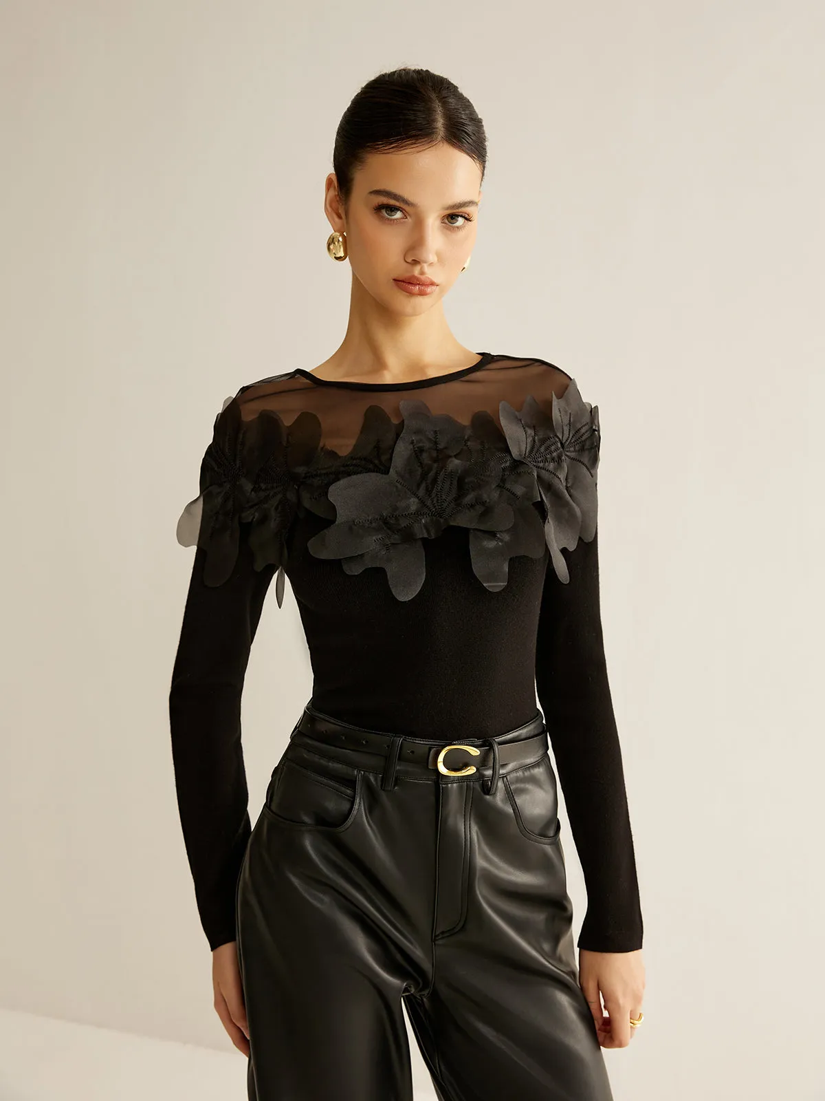 Semi-Sheer Floral Decor Slim Blouse sold by COMMENSE product image thumbnail 5