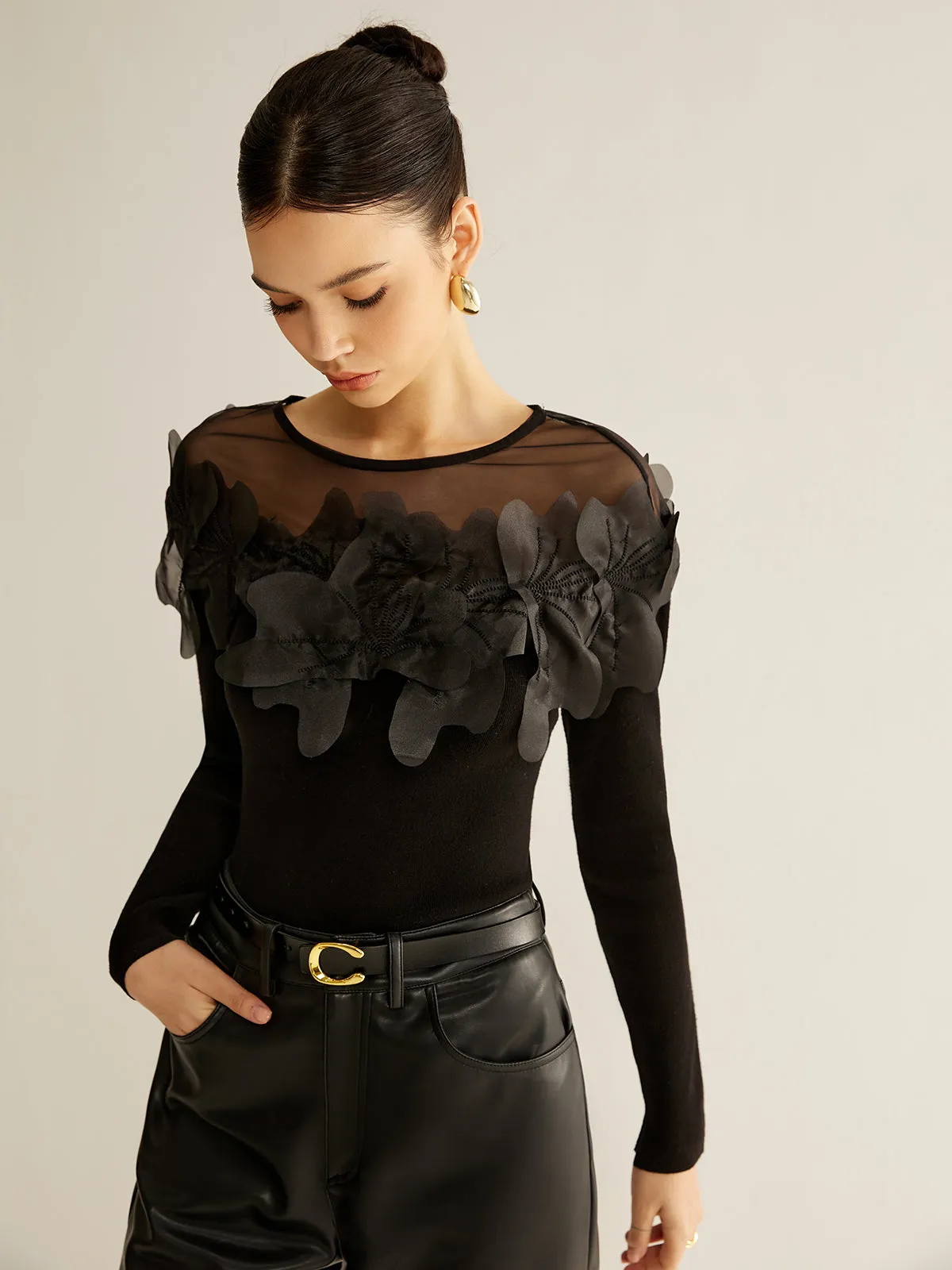 Semi-Sheer Floral Decor Slim Blouse sold by COMMENSE
