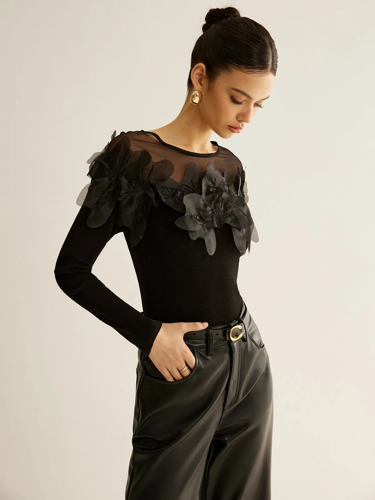 Semi-Sheer Floral Decor Slim Blouse sold by COMMENSE product image thumbnail 3