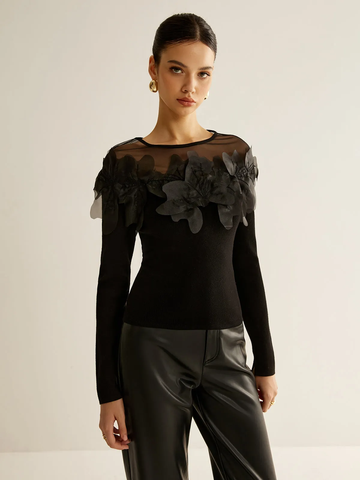 Semi-Sheer Floral Decor Slim Blouse sold by COMMENSE product image thumbnail 4
