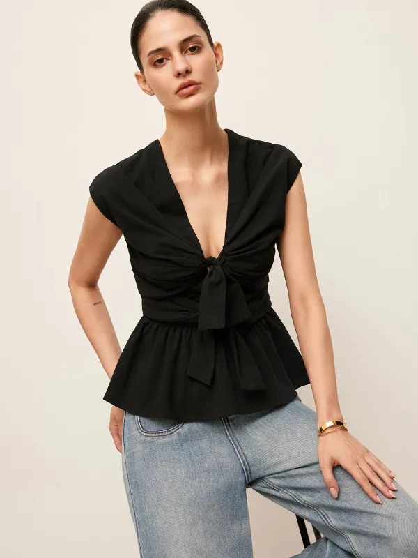 Tie-Front Peplum Top sold by COMMENSE