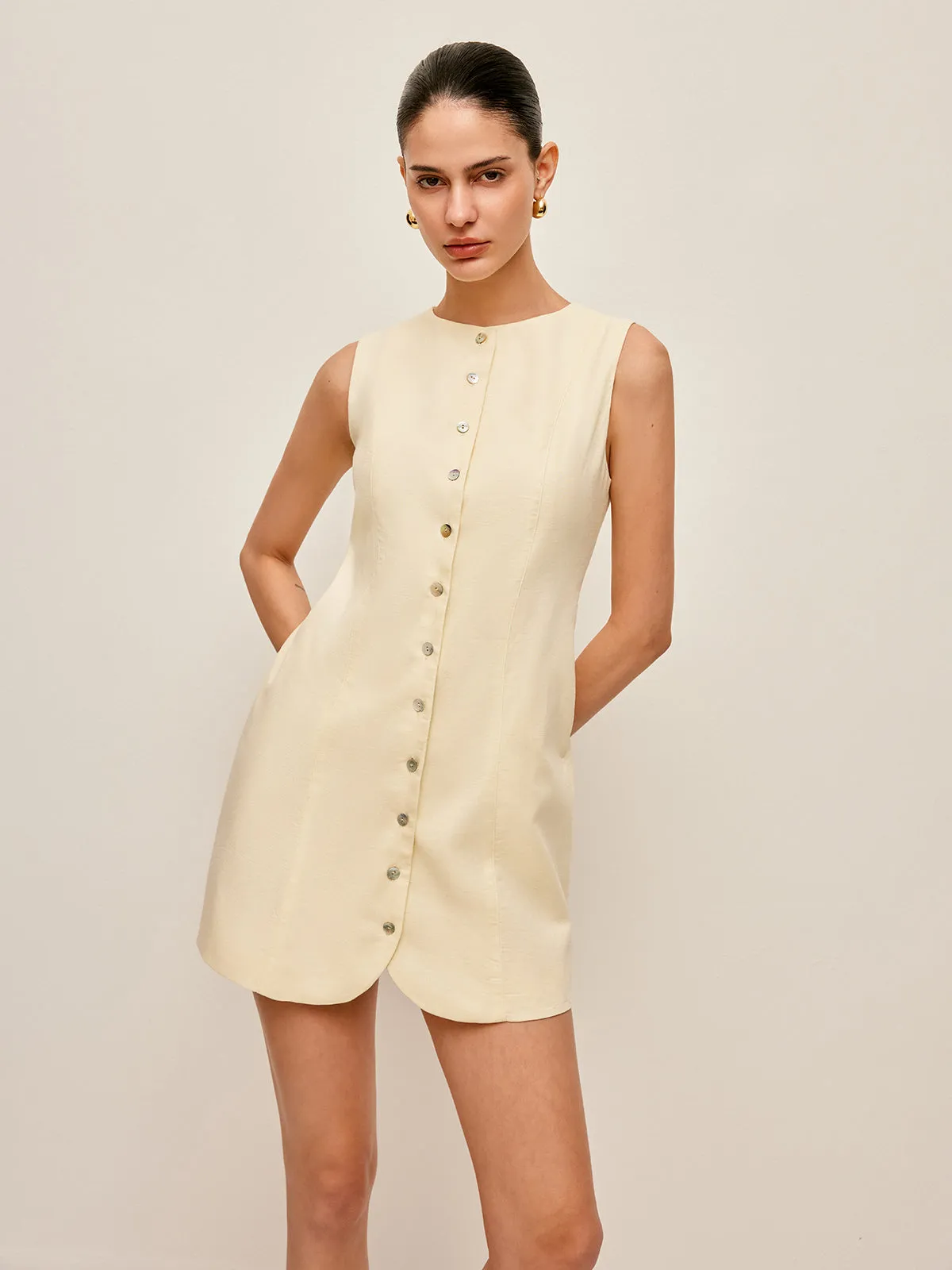 Button-Front Cotton & Linen Sleeveless Dress sold by COMMENSE product image thumbnail 2