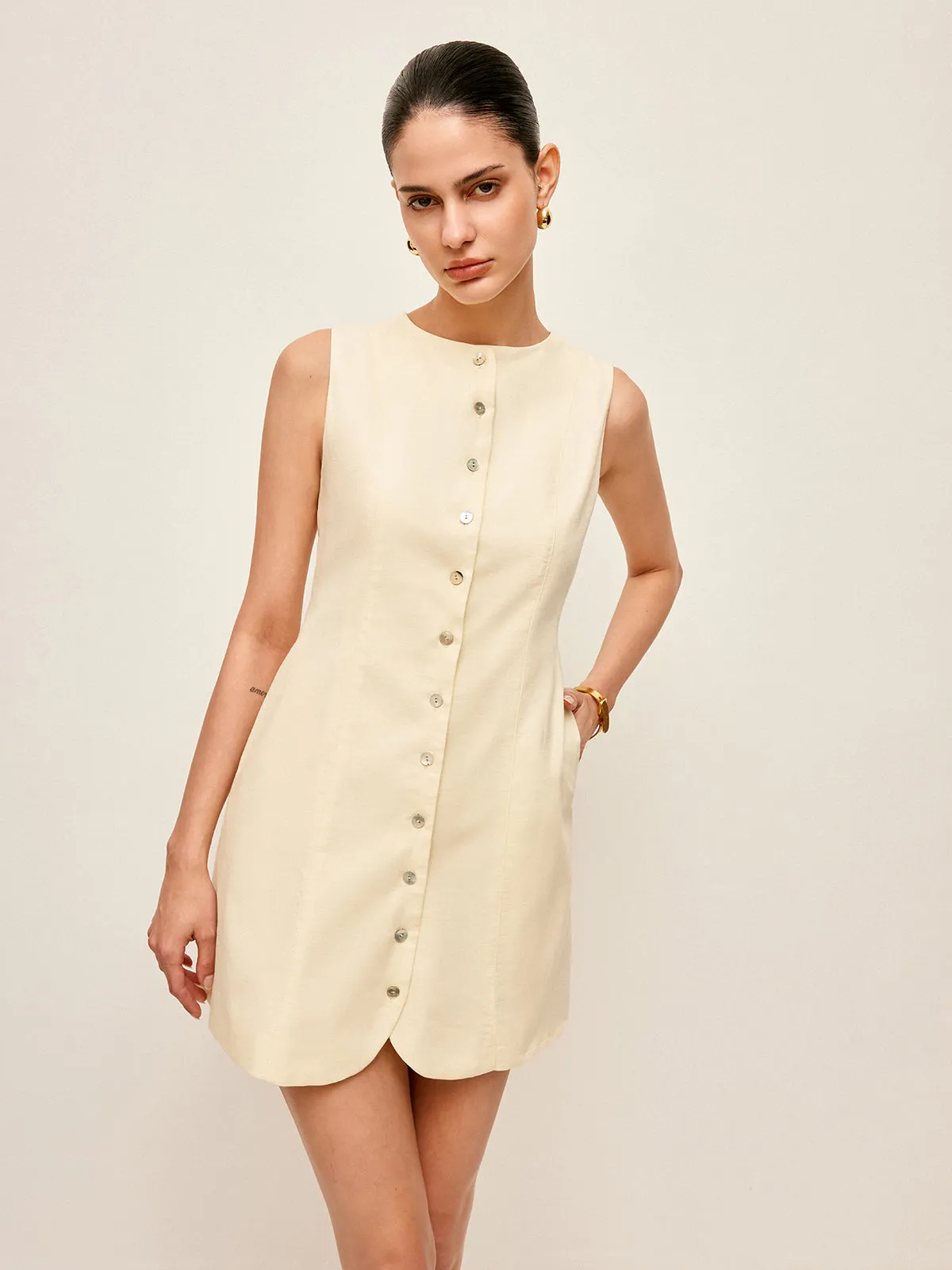 Button-Front Cotton & Linen Sleeveless Dress sold by COMMENSE product image thumbnail 5