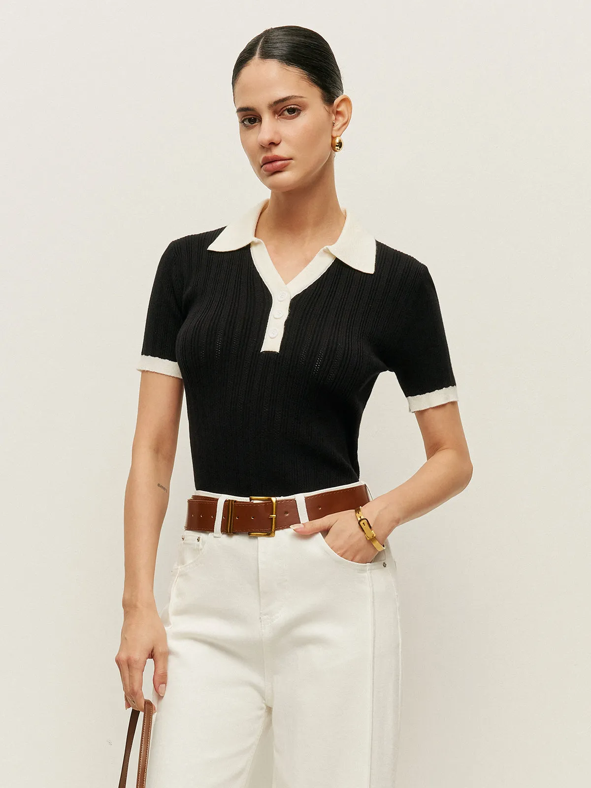 Collared Button Detail Ribbed Knit Top sold by COMMENSE product image thumbnail 3