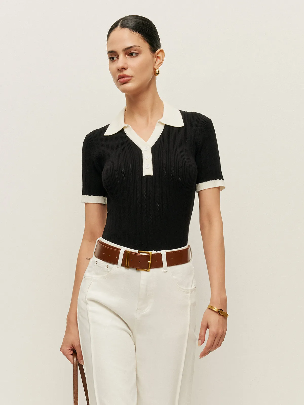 Collared Button Detail Ribbed Knit Top sold by COMMENSE
