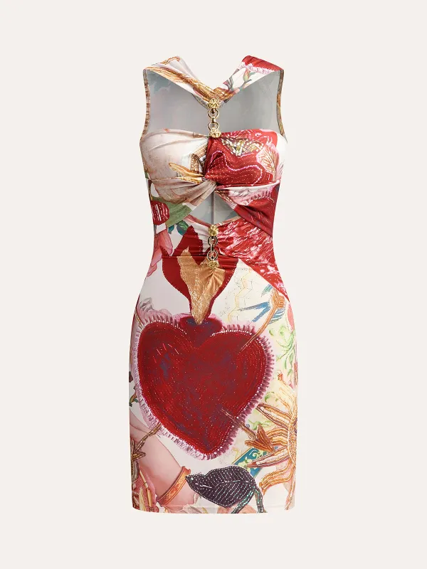 Knot-Front Printed Dress With Chain Detail sold by COMMENSE
