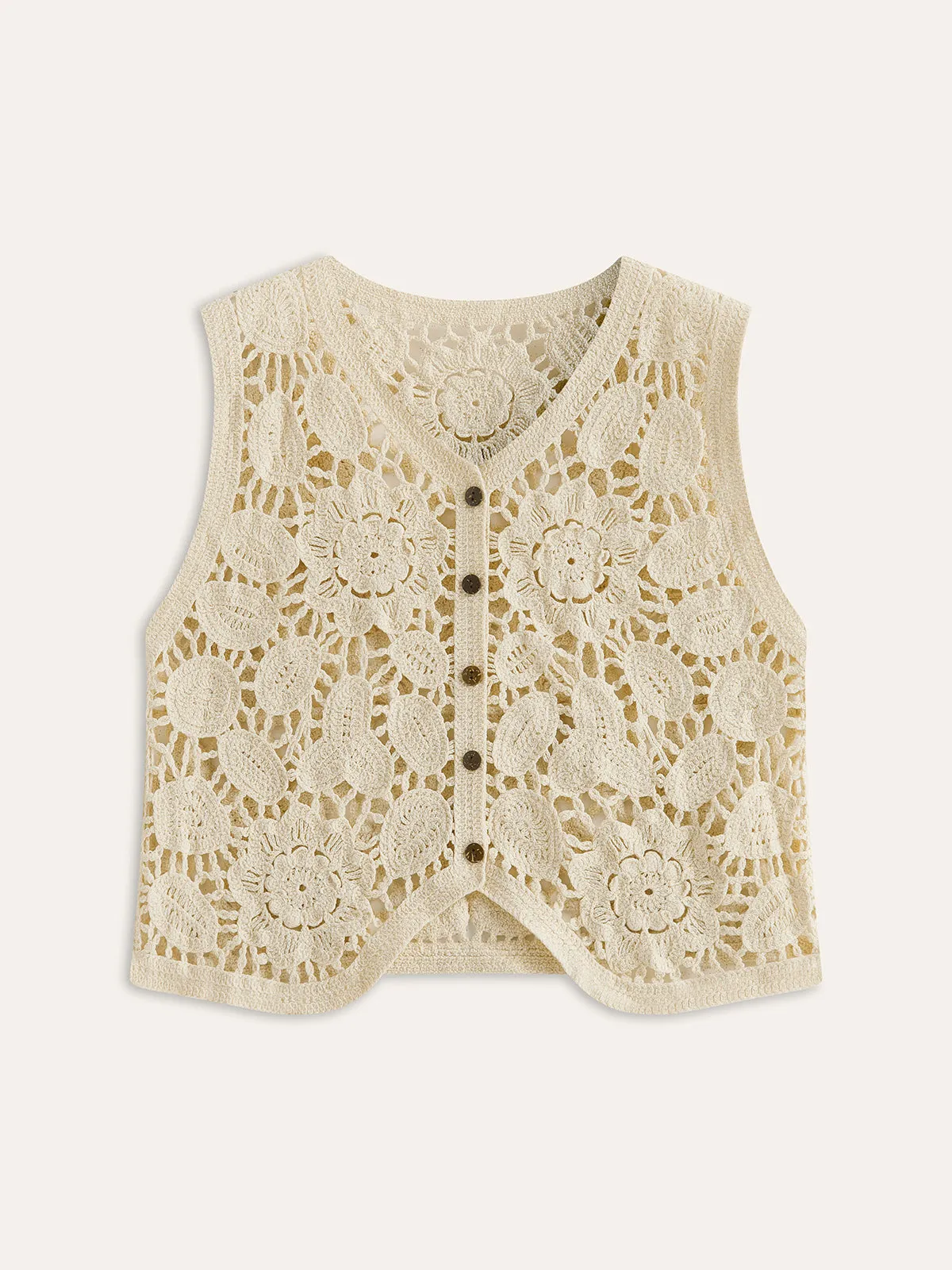 Floral Crochet Button Detail Vest sold by COMMENSE