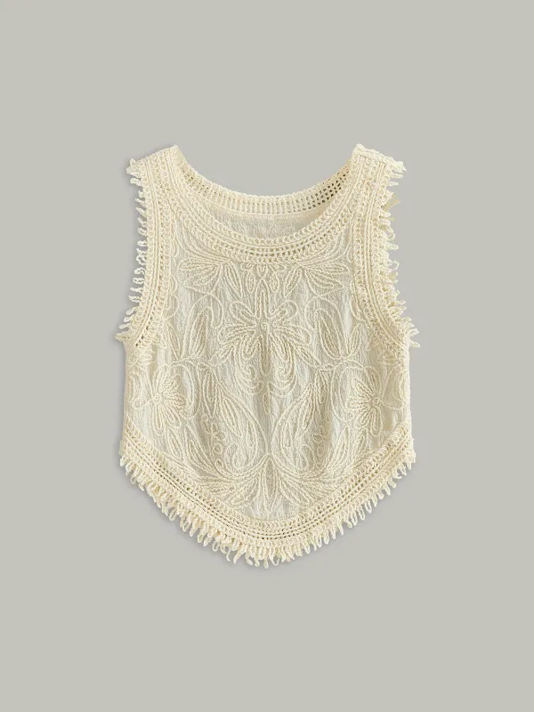 Semi-Sheer Crochet Lace Floral Detail Tank Top sold by COMMENSE