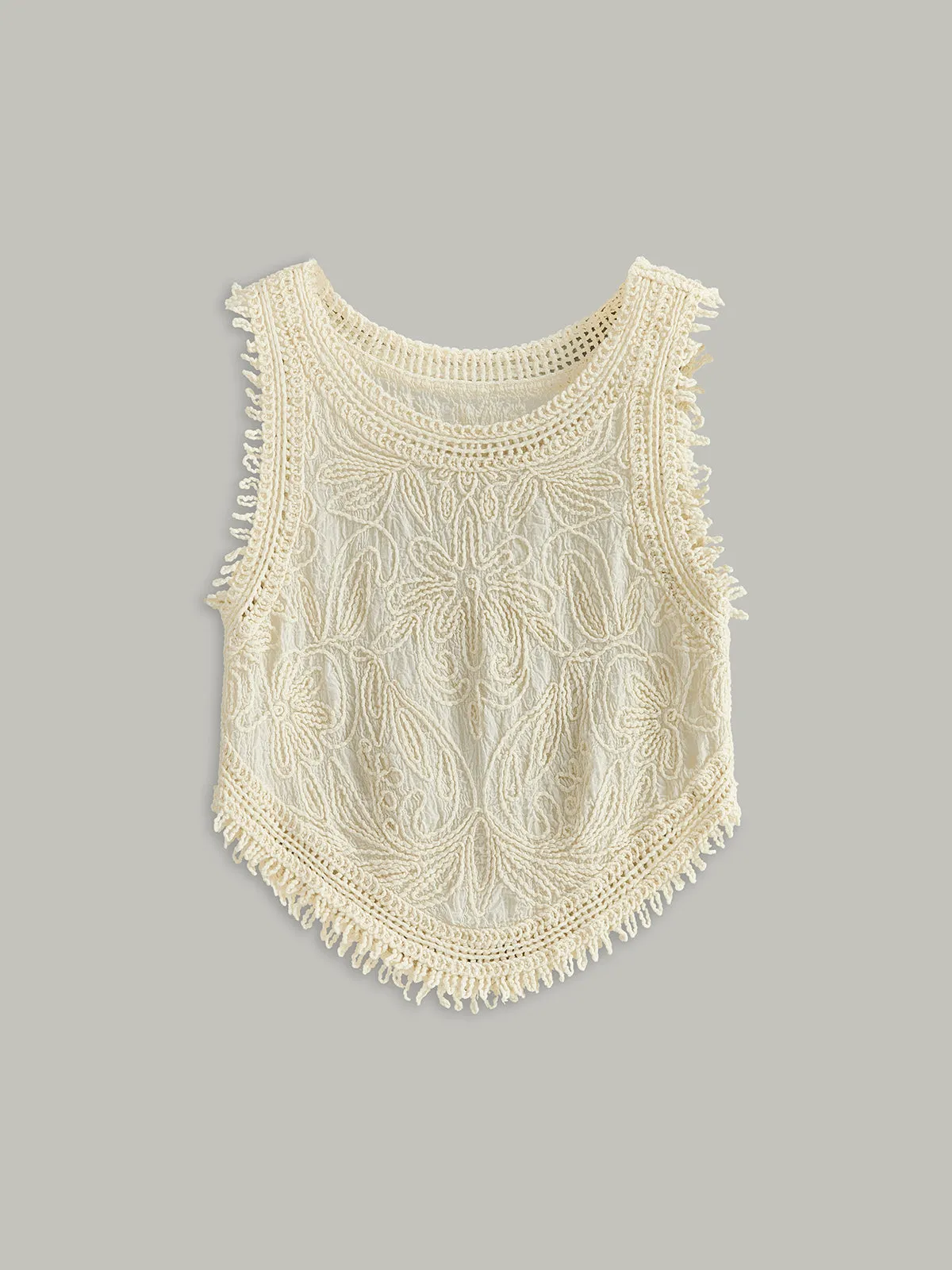 Semi-Sheer Crochet Lace Floral Detail Tank Top sold by COMMENSE