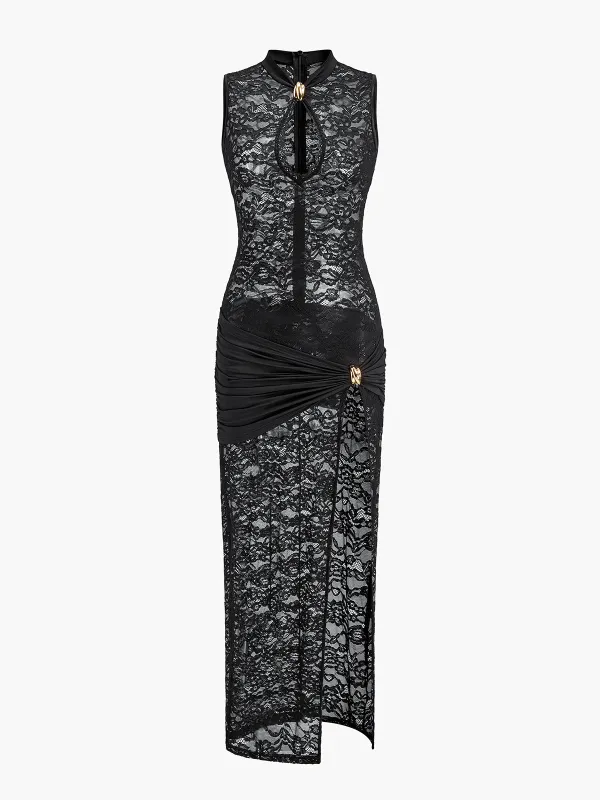 Sheer Lace Keyhole Cut-Out Dress With Ruched Design sold by COMMENSE