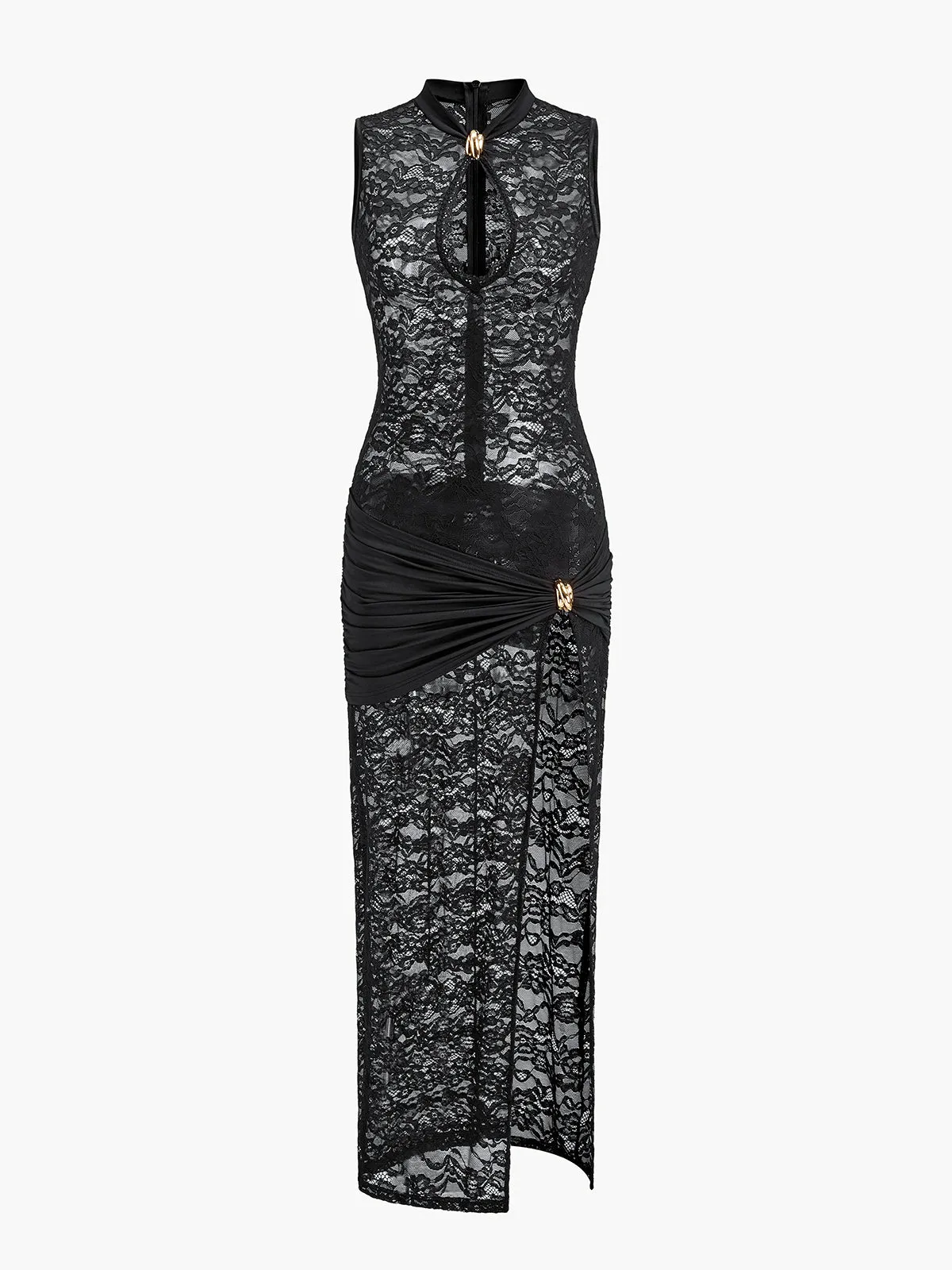 Sheer Lace Keyhole Cut-Out Dress With Ruched Design sold by COMMENSE