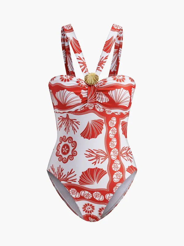 Metal Detail Print One-Piece Swimsuit sold by COMMENSE