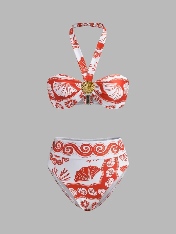 Halter Neck Print Bikini Set sold by COMMENSE
