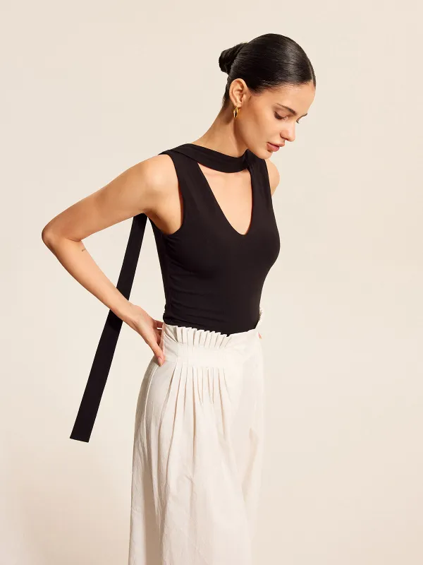 V-Neck Top With Scarf-Style Neck Tie sold by COMMENSE