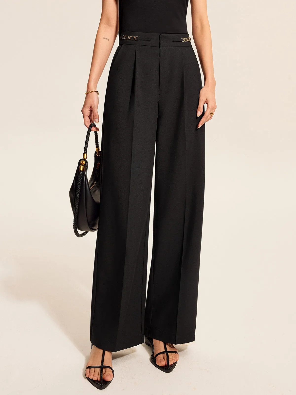 Mid-Waist Pleated Pants With Chain Detail sold by COMMENSE product image thumbnail 3