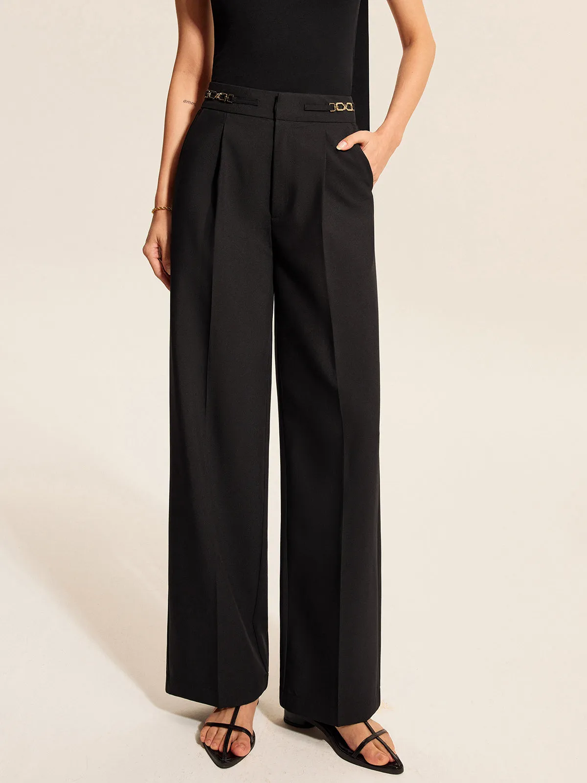 Mid-Waist Pleated Pants With Chain Detail sold by COMMENSE