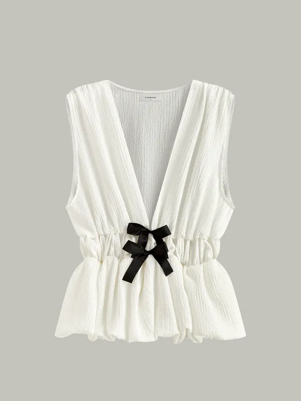 V-Neck Gathered Waist Bow-Detail Top sold by COMMENSE
