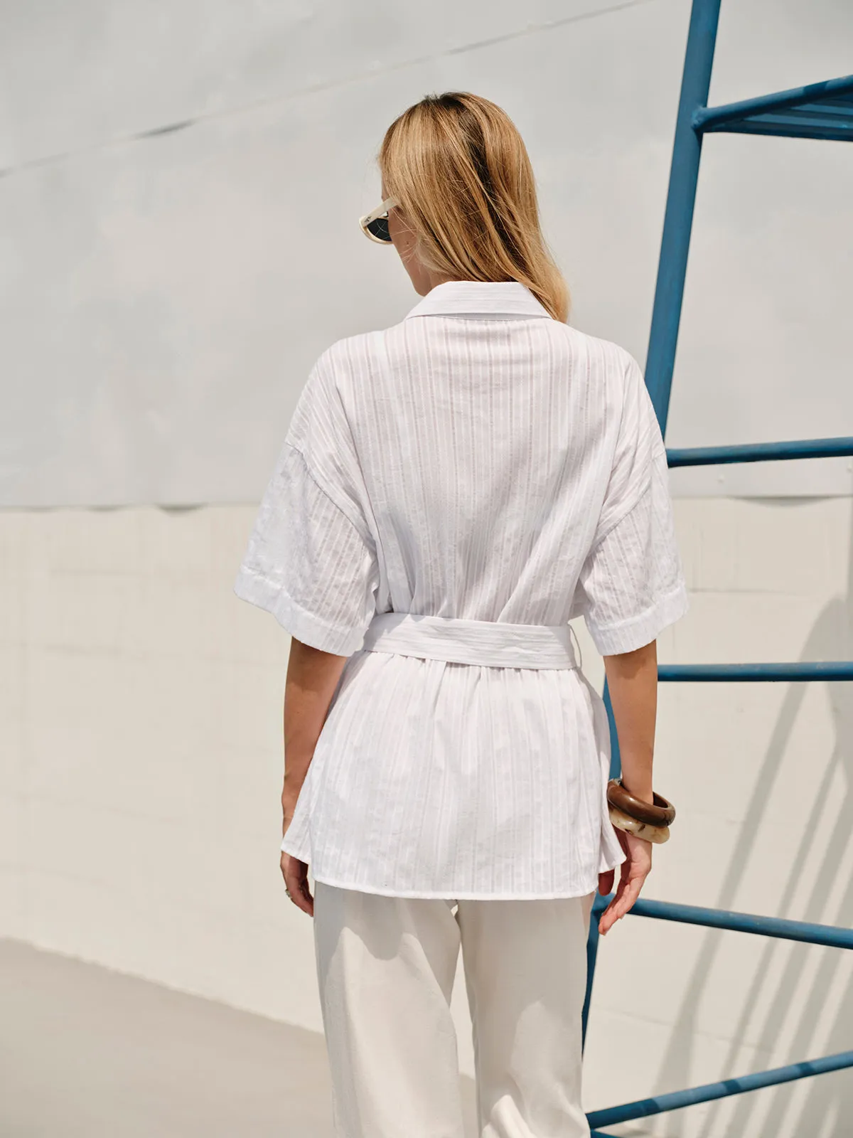 Semi-Sheer Cotton Button Collar Shirt With Belt sold by COMMENSE product image thumbnail 5