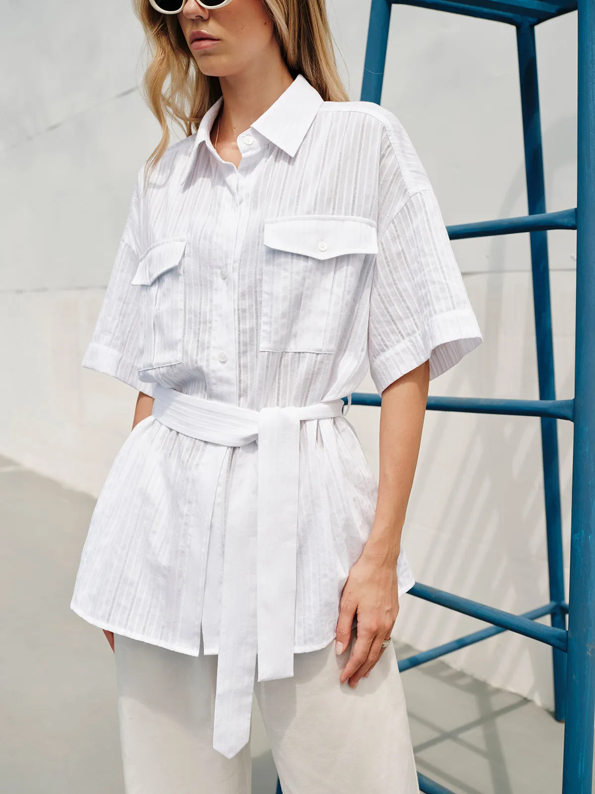 Semi-Sheer Cotton Button Collar Shirt With Belt sold by COMMENSE product image thumbnail 2
