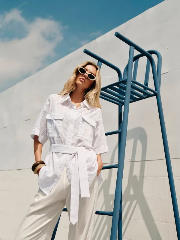 Semi-Sheer Cotton Button Collar Shirt With Belt sold by COMMENSE