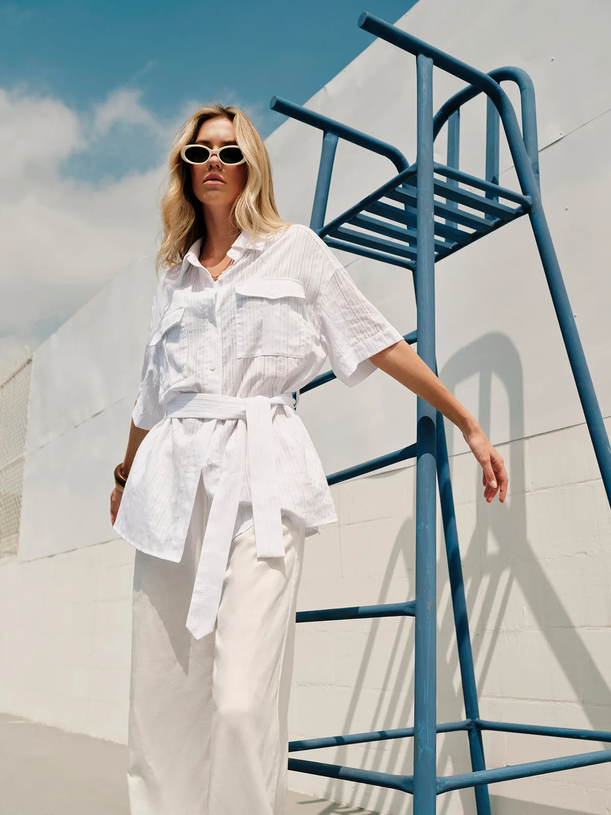 Semi-Sheer Cotton Button Collar Shirt With Belt sold by COMMENSE product image thumbnail 3