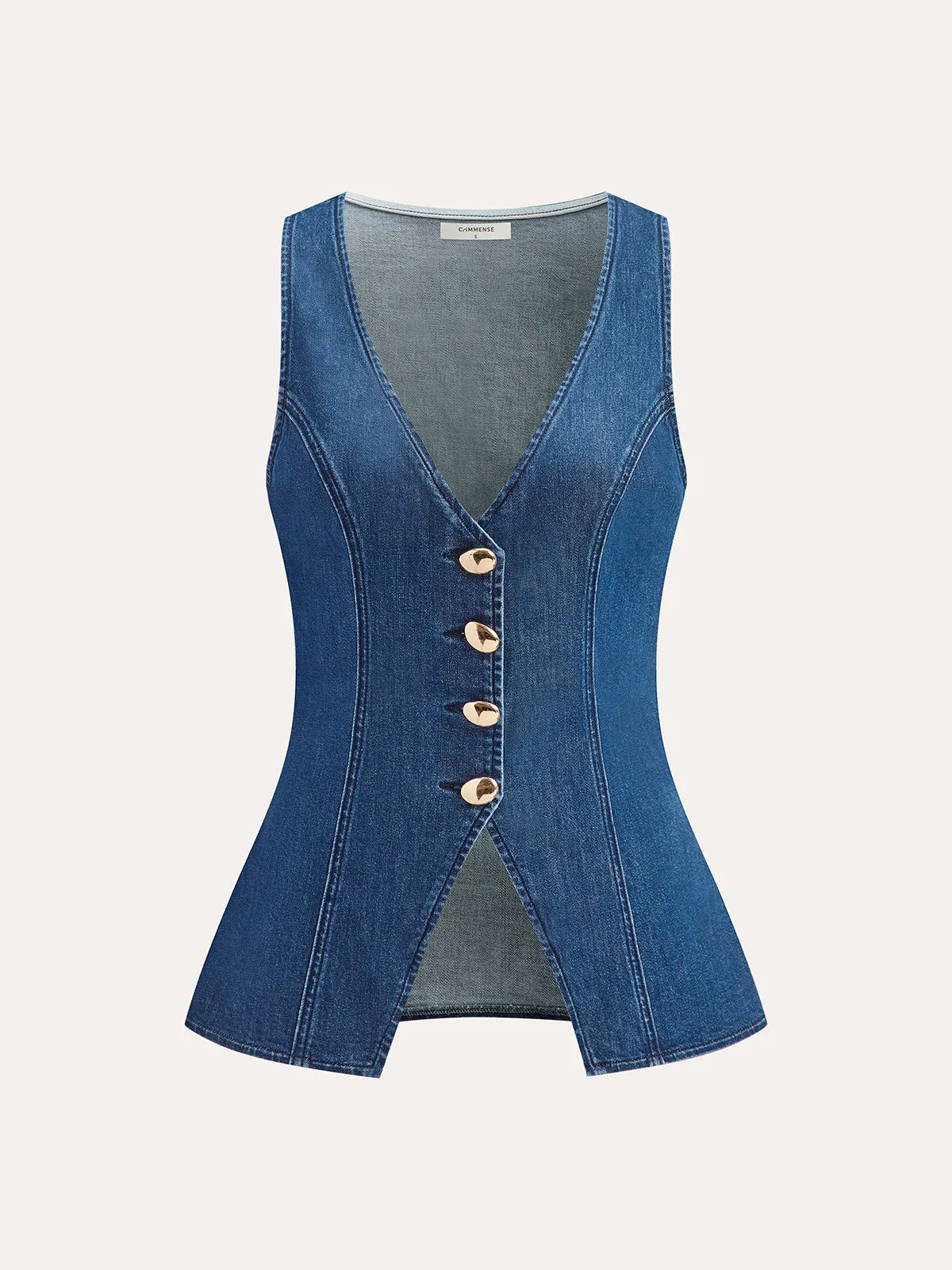 Metal Button Tie-Back Denim V-Neck Shorts Set sold by COMMENSE product image thumbnail 2