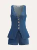 Metal Button Tie-Back Denim V-Neck Shorts Set sold by COMMENSE