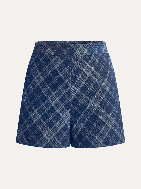 Checkered Print Mid-Waist Denim Short sold by COMMENSE