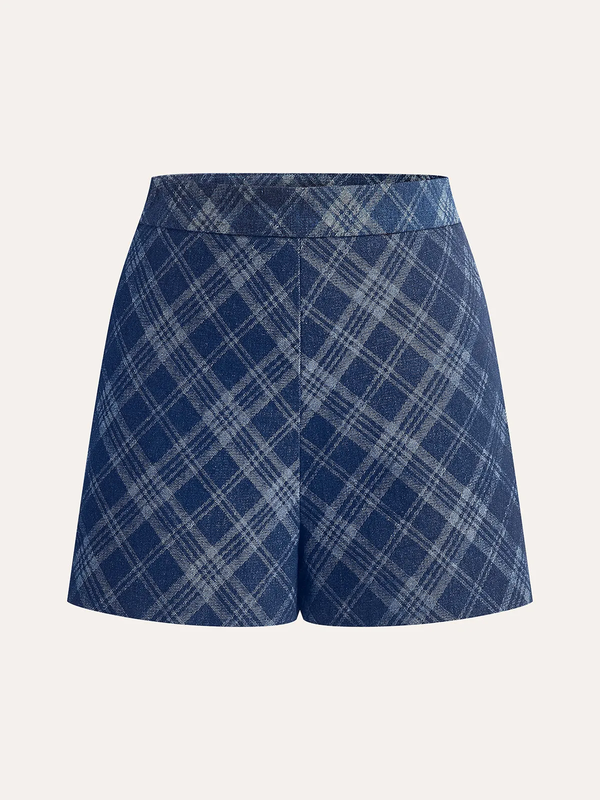 Checkered Print Mid-Waist Denim Short sold by COMMENSE